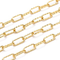 Golden Brass Paperclip Chains, Flat Oval, Drawn Elongated Cable Chains, with Spool, Long-lasting Plated, Soldered, Textured, Golden, 16.5x7.5x1.5mm, about 32.8 Feet(10m)/roll