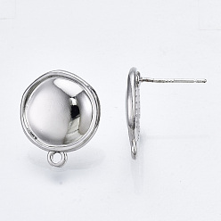 Platinum Alloy Stud Earring Findings, with Loop and Steel Pin, Flat Round with Plastic Protective Cover, Platinum, 17.5x14.5mm, Hole: 1.4mm, Pin: 0.7mm