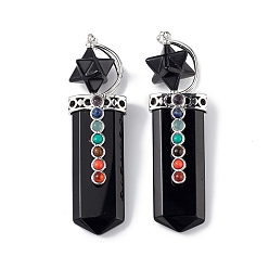 Obsidian Chakra Themed Natural Obsidian Big Pendants, Faceted Sword Charms, with Rack Plating Platinum Plated Brass Findings, Cadmium Free & Lead Free, 85~86x24x18.5~20.5mm, Hole: 8x5mm