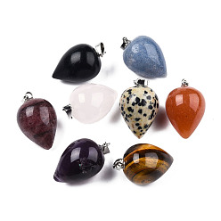Pierre Mélangete Pendentifs pierres précieuses naturelles mixtes, avec les accessoires en laiton de tonalité de platine, charme de gland, 25~26.5x16~16.5mm, Trou: 3x5mm