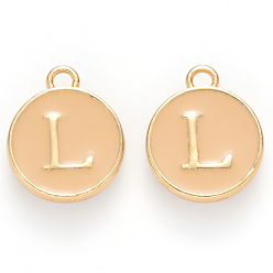 Letter L Golden Plated Alloy Enamel Charms, Cadmium Free & Lead Free, Enamelled Sequins, Flat Round with Letter, Wheat, Letter.L, 14x12x2mm, Hole: 1.5mm