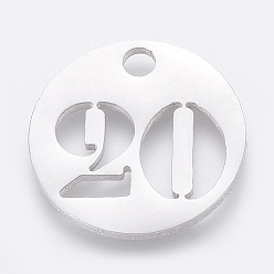 Number 304 Stainless Steel Pendants, Cut-Out, Hollow, Flat Round with Number, Stainless Steel Color, Num.20, 19x1.5mm, Hole: 2.5mm