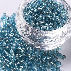 Turquoise Pálido 8/0 perlas de cristal de la semilla, plata forrada agujero redondo, rondo, turquesa pálido, 3 mm, agujero: 1 mm, sobre 10000 perlas / libra