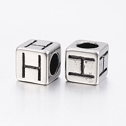 Antique Silver 304 Stainless Steel Large Hole Letter European Beads, Cube with Letter.H, Antique Silver, 8x8x8mm, Hole: 5mm