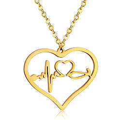 Real 18K Gold Plated SHEGRACE Stainless Steel Pendant Necklaces, with Lobster Claw Clasps and Cable Chains, Heart with Heartbeat, Real 18K Gold Plated, 17.7 inch(45cm), Pendant: 40x33mm