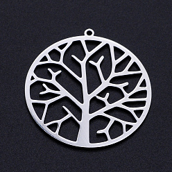 Stainless Steel Color 201 Stainless Steel Pendants, Filigree Joiners Findings, Laser Cut, Flat Round with Tree, Stainless Steel Color, 37x34.5x1mm, Hole: 1.5mm