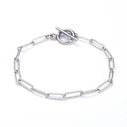 Stainless Steel Color 304 Stainless Steel Textured Paperclip Chain Bracelets, with Toggle Clasps, Stainless Steel Color, 7-5/8 inch(19.5cm)