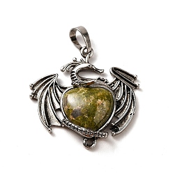 Unakite Natural Unakite Heart Pendants, Dragon Charms, with Rack Plating Antique Silver Plated Brass Findings, Lead Free & Cadmium Free, 33x33.5~34x7~7.5mm, Hole: 8x5mm