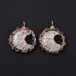 Quartz Crystal Natural Quartz Crystal Big Pendants, with Rose Gold Tone Rack Plating Brass Findings and Star Non-magnetic Synthetic Hematite, Cadmium Free & Lead Free, Flat Round with Moon Charm, 56~58x42.5~45x10~10.5mm, Hole: 5mm