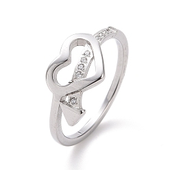 Stainless Steel Color Crystal Rhinestone Heart with Arrow Finger Ring, 304 Stainless Steel Jewelry for Women, Stainless Steel Color, US Size 5 1/2~9(16.1~18.9mm)