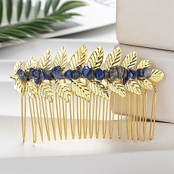 Lapis Lazuli Feuille naturelle lapis lazuli chips peignes à cheveux, avec des peignes de fer, accessoires de cheveux pour femmes filles, 45x80x10mm