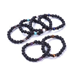 Mixed Stone Natural Lava Rock Bead Stretch Bracelets, with Gemstone Beads and Wood Beads, 2-1/8 inch(5.5cm)