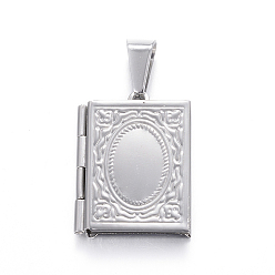 Stainless Steel Color 316 Stainless Steel Locket Pendants, Rectangle, Stainless Steel Color, 26x19x4.5mm, Hole: 9x5mm, Inner: 15x10mm
