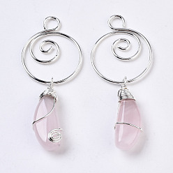 Quartz Rose Naturelle quartz rose gros pendentifs, avec les accessoires en laiton argent, larme, 61~62mm, Trou: 4.5mm