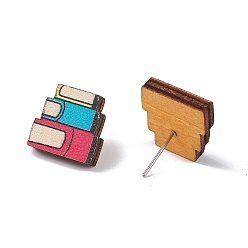 Book Natural Wood Stud Earrings, 316 Stainless Steel Jewelry for Women, Book Pattern, 15x15mm, Pin: 0.6mm