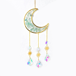 Fluorite Natural Fluorite Chips Moon Pendant Decoration, Hanging Suncatchers, with Glass Teardrop Charm, for Home Garden Decoration, 400mm