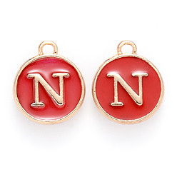 Letter N Golden Plated Enamel Alloy Charms, Enamelled Sequins, Flat Round, Red, Letter.N, 14x12x2mm, Hole: 1.5mm, 100pcs/Box