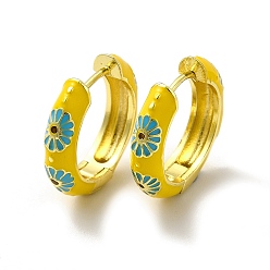 Goldenrod Daisy Flower Enamel Hoop Earrings, Real 18K Gold Plated Brass Jewelry for Women, Lead Free & Cadmium Free, Goldenrod, 19x4.5x19.5mm, Pin: 1mm