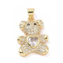 Clear Brass Micro Pave Cubic Zirconia Pendants, with Glass, Bear with Heart Charm, Golden, Clear, 20.5x15x5mm, Hole: 5.5x3.5mm