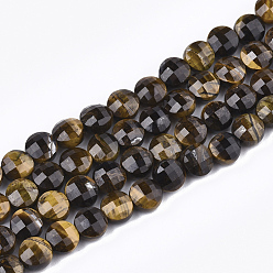 Tiger Eye Natural Tiger Eye Beads Strands, Faceted, Flat Round, 6~6.5x4~5mm, Hole: 1mm, about 61~67pcs/strand, 14.9 inch~15.1 inch