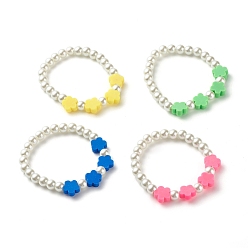 Mixed Color Flower Beads Stretch Bracelet for Children, Glass Pearl & Polymer Clay Beads Bracelet, White, Mixed Color, Inner Diameter: 1-1/2 inch(3.9cm)