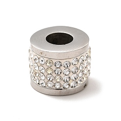 Stainless Steel Color 304 Stainless Steel European Beads, Large Hole Bead, with Crystal Rhinestone, Column, Stainless Steel Color, 14x11mm, Hole: 6mm