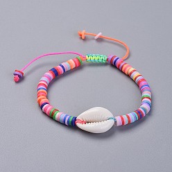 Mixed Color Eco-Friendly Handmade Polymer Clay Heishi Beads Kids Braided Bracelets, with Cowrie Shell Beads and Nylon Cord, Colorful, 1-7/8 inch~2-7/8 inch(4.7~7.3cm)