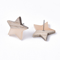 PeachPuff Transparent Resin & Wood Stud Earrings, with 304 Stainless Steel Pin, Star, PeachPuff, 17x18mm, Pin: 0.7mm