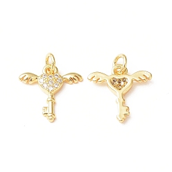 Golden Brass Micro Pave Cubic Zirconia Charms, with Jump Ring, Key with Wing Charm, Golden, 13x13x2.2mm, Hole: 3mm