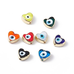 Mixed Color Handmade Evil Eye Lampwork Beads, with Brass Findings, Lead Free & Cadmium Free, Long-Lasting Plated, Heart, Mixed Color, 11~11.5x12~12.5x5.5~6mm, Hole: 1.5mm