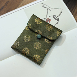 Dark Olive Green Chinese Style Satin Jewelry Packing Pouches, Gift Bags, Rectangle, Dark Olive Green, 11x10cm