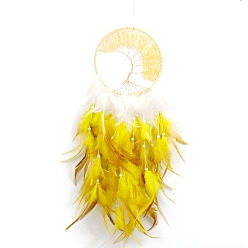 Cuarzo Amarillo Decoración colgante del árbol de la vida con chip de cuarzo amarillo natural envuelto en alambre, para la decoración casera, red / tela tejida con pluma, 600x160 mm
