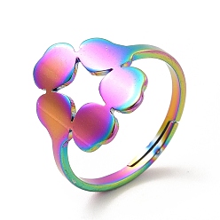 Rainbow Color Ion Plating(IP) 201 Stainless Steel Flower Adjustable Ring for Women, Rainbow Color, US Size 6 1/2(16.9mm)