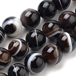 Coconut Brown Natural Striped Agate/Banded Agate Beads Strands, Dyed, Round, Coconut Brown, 10mm, Hole: 1mm, about 37pcs/strand, 14.96 inch(38cm)