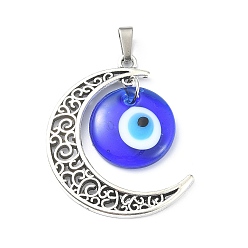 Antique Silver & Stainless Steel Color Alloy Moon Pendants, with Lampwork Evil Eye, Antique Silver & Stainless Steel Color, 41x35x4.5mm, Hole: 7.5x4mm