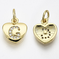 Letter G Brass Micro Pave Clear Cubic Zirconia Charms, with Jump Ring, Heart with Letter, Real 16K Gold Plated, Nickel Free, Letter.G, 10x9x2mm, Jump Ring: 5x1mm, 3mm inner diameter