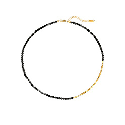 Ляпис-Лазурь Ожерелье из бисера из натурального черного агата и нержавеющей стали, 17.72 дюйм (45 см)