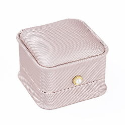 Misty Rose PU Leather Ring Gift Boxes, with Iron & Plastic Imitation Pearl Button and Velvet Inside, for Wedding, Jewelry Storage Case, Misty Rose, 6.5x6.5x4.5cm