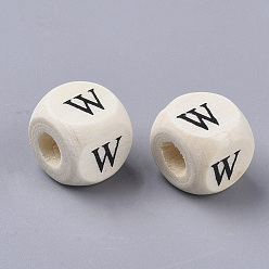 Letter W Printed Natural Wood Beads, Horizontal Hole, Cube with Initial Letter, PapayaWhip, Letter.W, 10x10x10mm, Hole: 3.5mm, about 1000pcs/500g