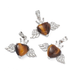 Tiger Eye Natural Tiger Eye Pendants, Heart Charms with Wings & Crown, with Platinum Tone Brass Crystal Rhinestone Findings, 26x35.5x8mm, Hole: 8x5mm