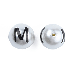 Letter M ABS Plastic Imitation Pearl Beads, with Printed, Round with Letter, Letter.M, 10mm, Hole: 1mm