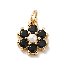 Negro Latón chapado en latón micro pavimentar cúbicos zirconia encantos, con la perla, sin plomo y cadmio, real 18 k chapado en oro, flor, negro, 12.5x10.5x4 mm, agujero: 3.6 mm