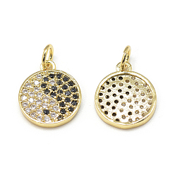 Golden Feng Shui DIY Brass Micro Pave Cubic Zirconia Charms, Flat Round with Yin Yang, Golden, 14x12x2mm, Hole: 3mm