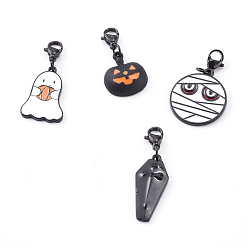 Mixed Color Halloween Theme Alloy Enamel Pendants Set, with 304 Stainless Steel Lobster Claw Clasps, Ghost & Pumpkin & Mummy & Coffin with Cross, Mixed Color, 29~38mm, 4pcs/Set