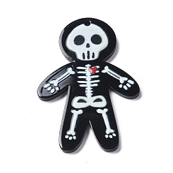 Skeleton Halloween Opaque Printed Acrylic Pendants, Skeleton, 52x35x2.5mm, Hole: 1.5mm