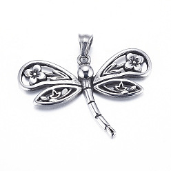 Antique Silver 304 Stainless Steel Pendants, Dragonfly, Antique Silver, 26x40x3.5mm, Hole: 5.5x6mm