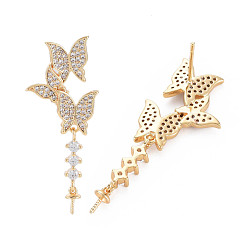 Real 18K Gold Plated Brass Micro Pave Clear Cubic Zirconia Stud Earring Findings, for Half Drilled Beads, Nickel Free, Butterfly, Real 18K Gold Plated, 41x16.5mm, Pin: 0.7mm, pin: 0.9mm(for half drilled beads)