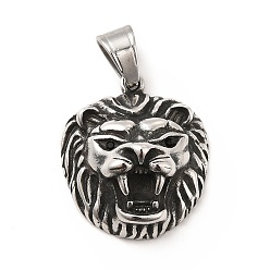 Antique Silver 304 Stainless Steel Pendants, with Jet Rhinestone, Lion Charms, Antique Silver, 28x24x12.5mm, Hole: 9x5.5mm