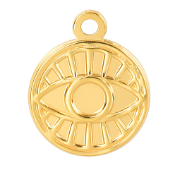 Oro Colgantes de acero inoxidable, redondo plano con amuletos de mal de ojo, dorado, 19x16x2 mm, agujero: 2 mm