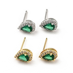 Mixed Color Green Cubic Zirconia Teardrop Stud Earrings, Rack Plating Brass Jewelry for Women, Mixed Color, 9x7mm, Pin: 0.8mm